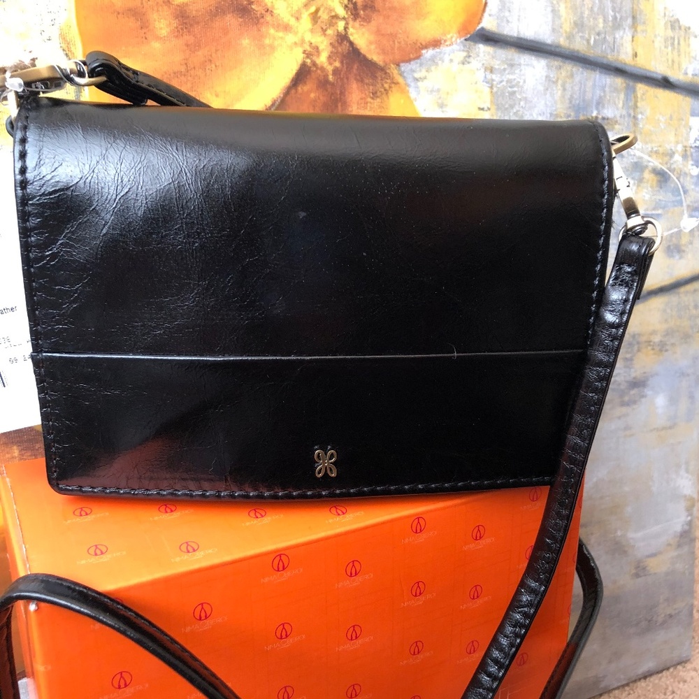 HOBO BAGS POLISHED LEATHER JILL CROSSBODY PURSE, BLACK, NEW WITH TAGS